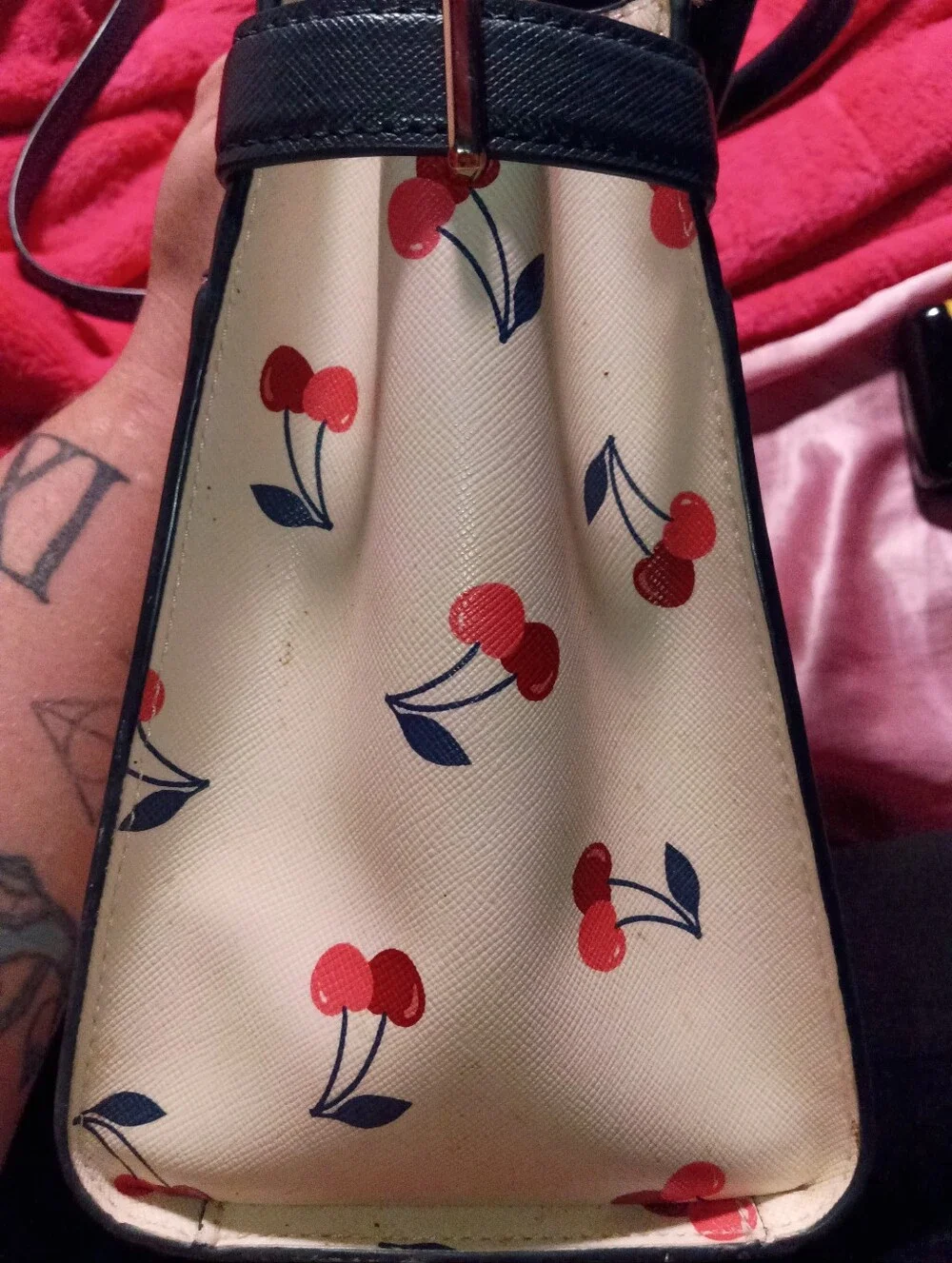 kate spade Cream Cherry Print Satchel with Navy Trim